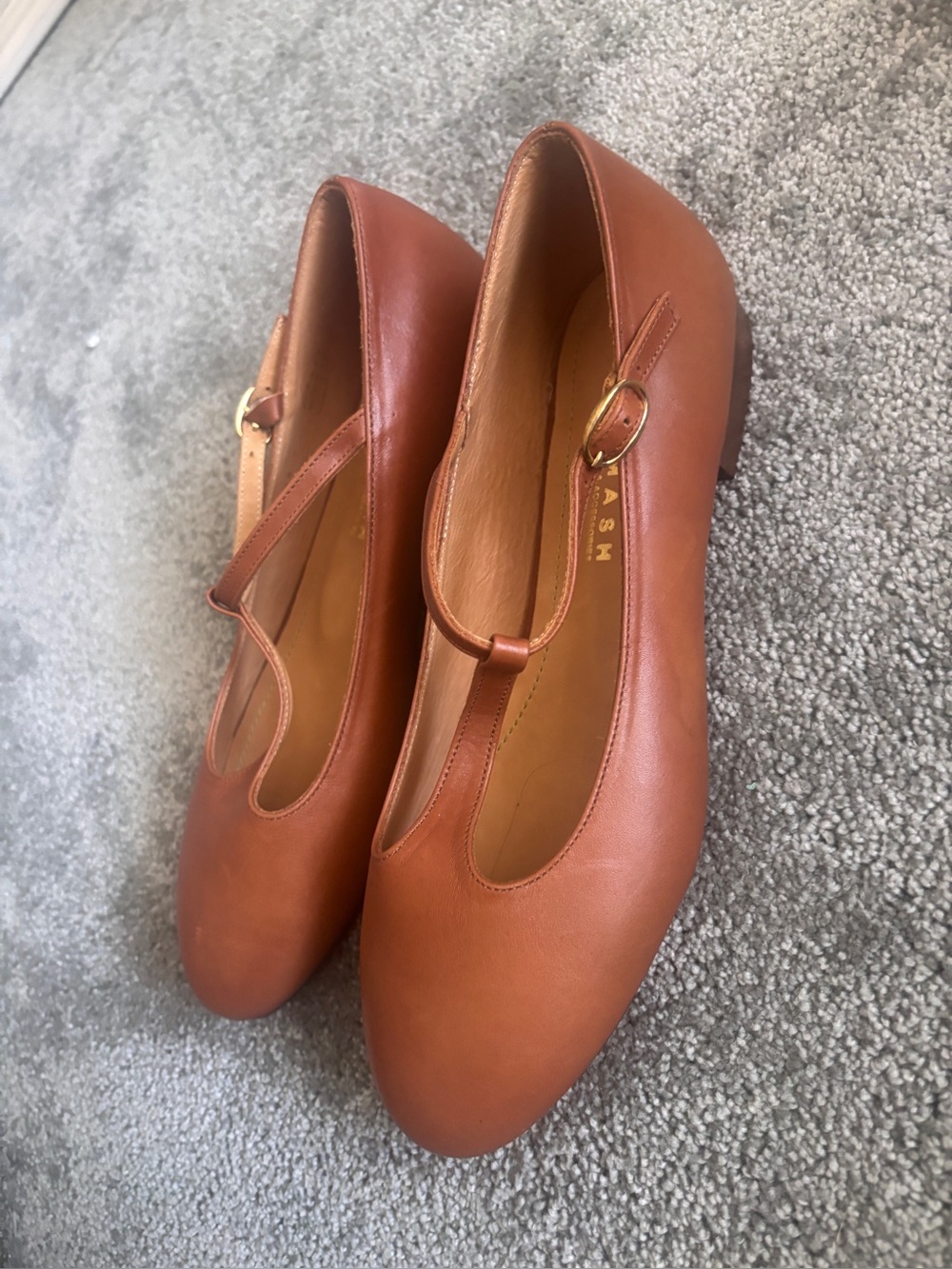 MIUMMASH Leather Mary Jane T-Strap Flats Cognac Brown Handmade